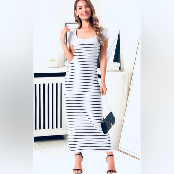 NWT White & Black Striped Scoop-Neck Maxi Dress Size XL - Picture 3 of 13